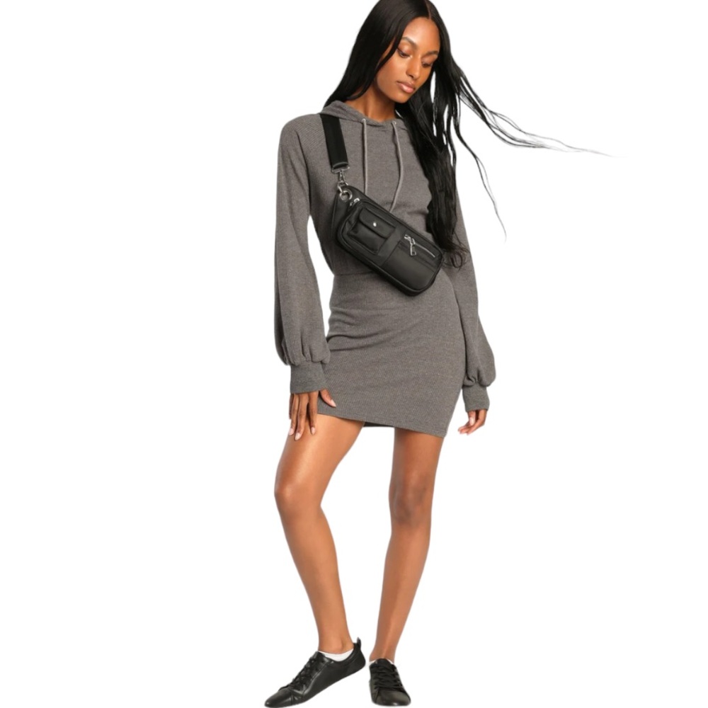 Lulus Upbeat Energy Heather Grey Waffle Knit Hooded Sweatshirt Dress W-829 Sz L - Picture 2 of 14